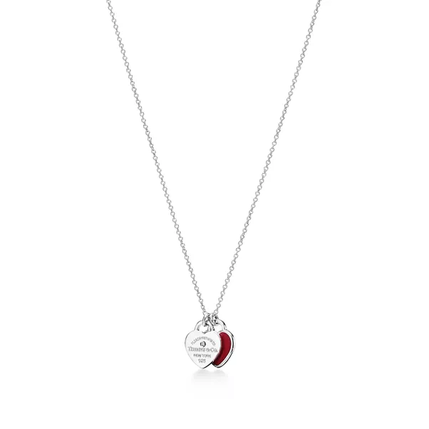 Red Double Heart Tag Pendant in Silver with a Diamond, Mini