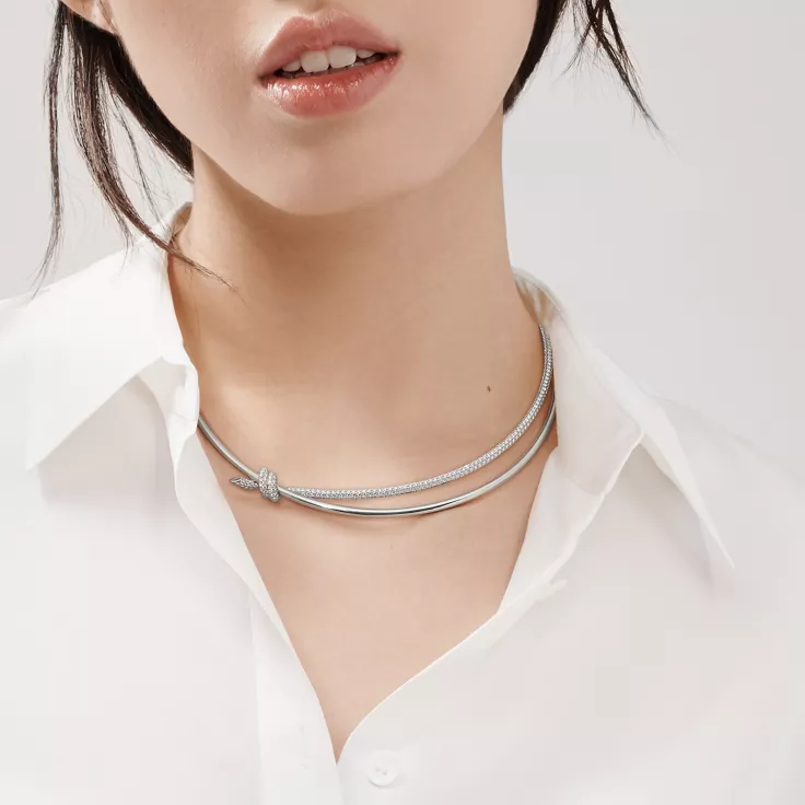 Tiffany Knot:Double Row Necklace in White Gold with Diamonds, 1