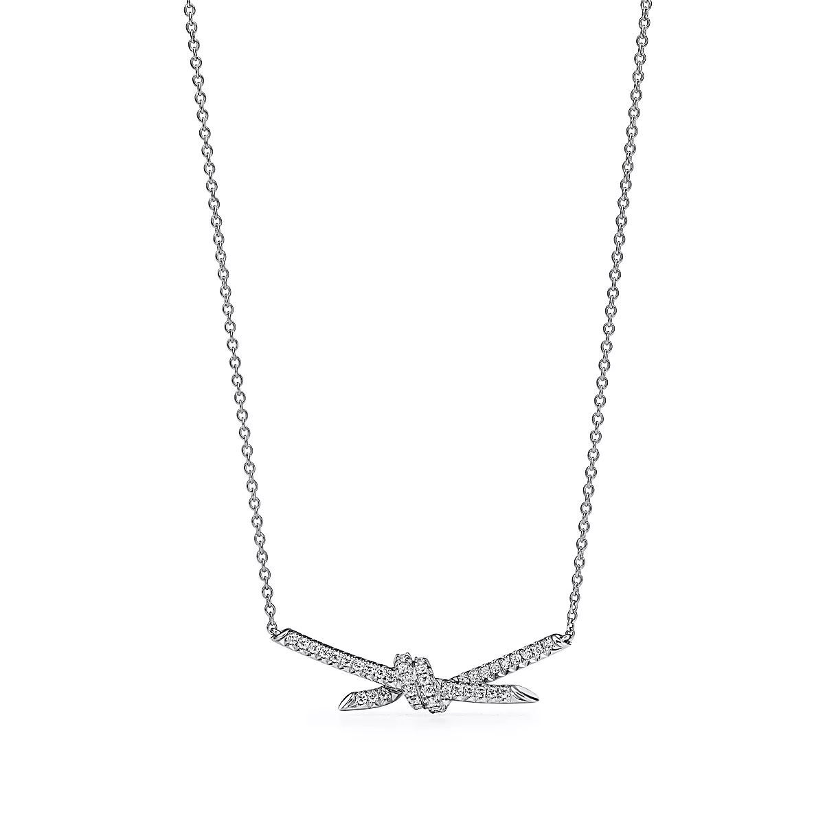 Tiffany Knot Pendant w/Chain 18K 화이트 골드와 팔라듐 다이아몬드 One Scale