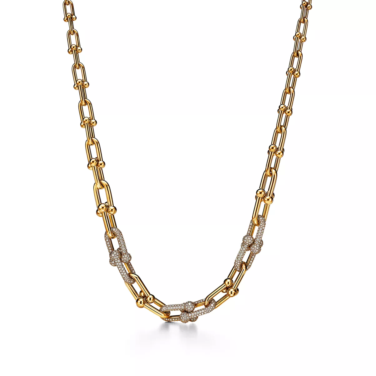Graduated Link Necklace in Yellow Gold with Pav&eacute; Diamonds