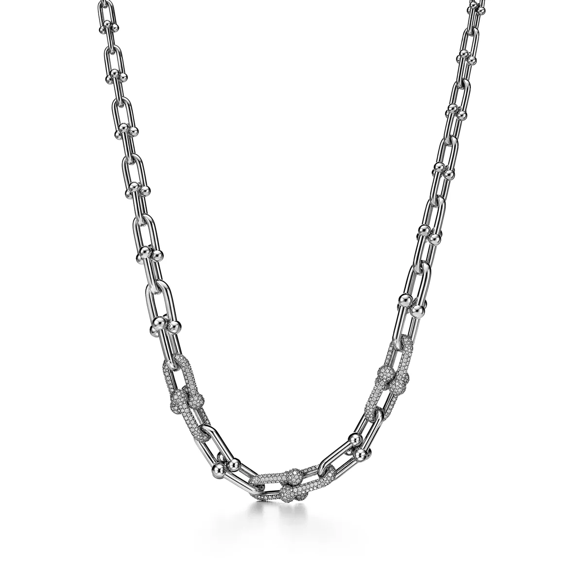 Graduated Link Necklace in White Gold with Pav&eacute; Diamonds