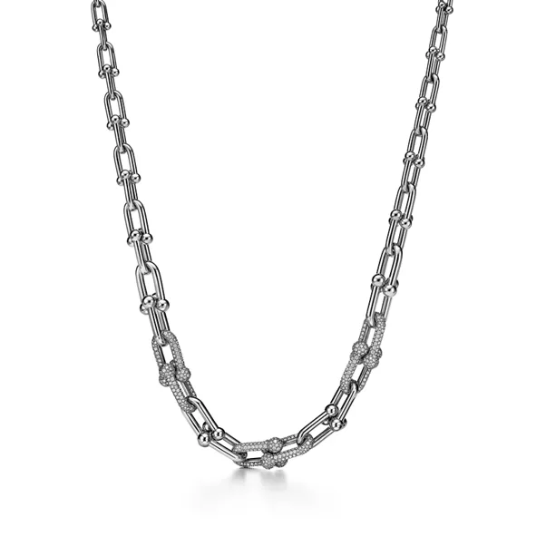 Gliederhalskette in abgestuftem Design in Weißgold mit Pavé-Diamanten
