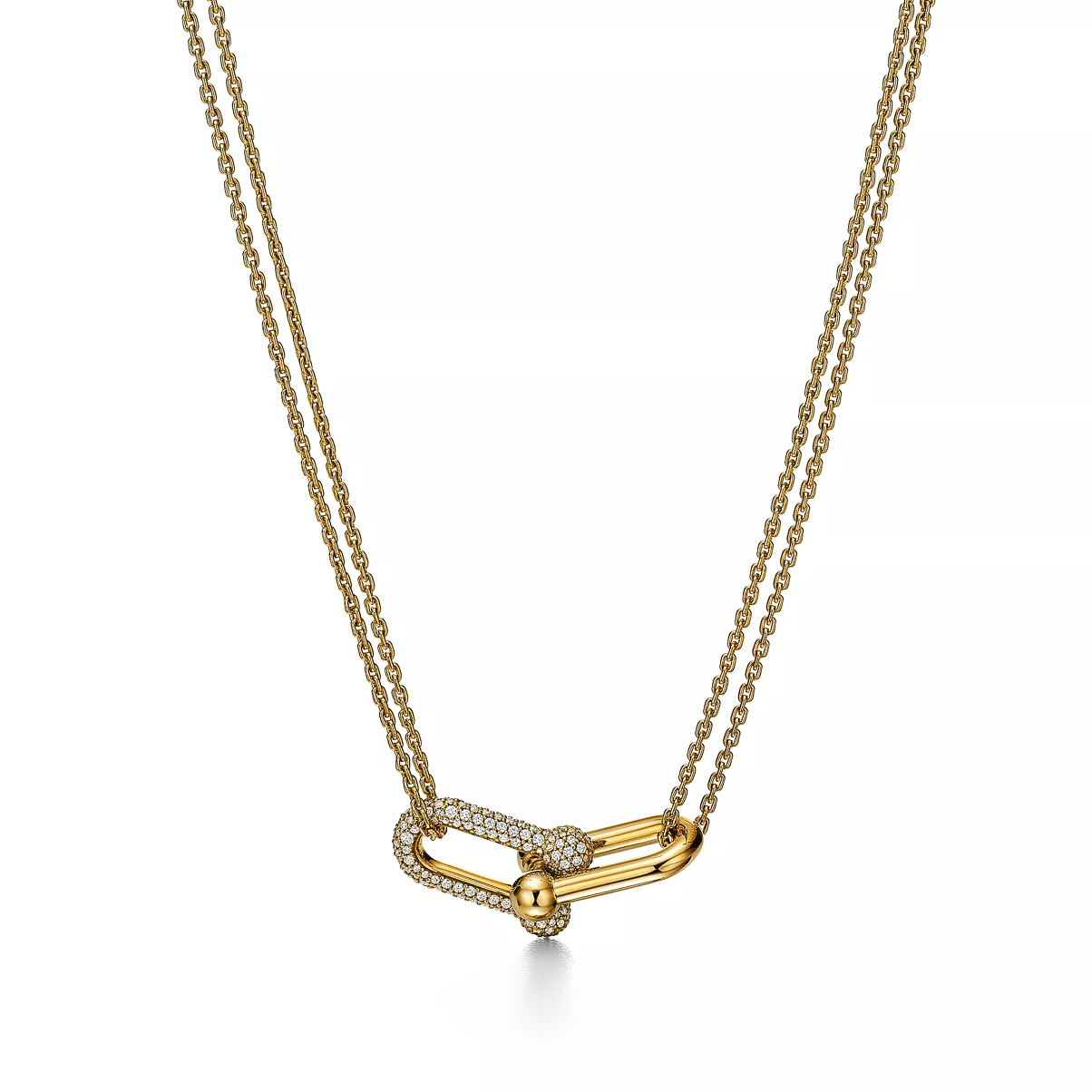 Large Double Link Pendant in Yellow Gold with Pav&eacute; Diamonds