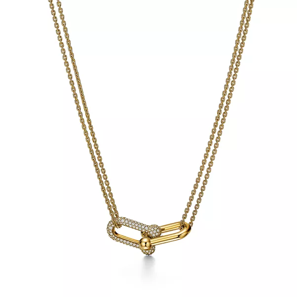 Doppelter Gliederanhänger, große Glieder in Gelbgold mit Pavé-Diamanten