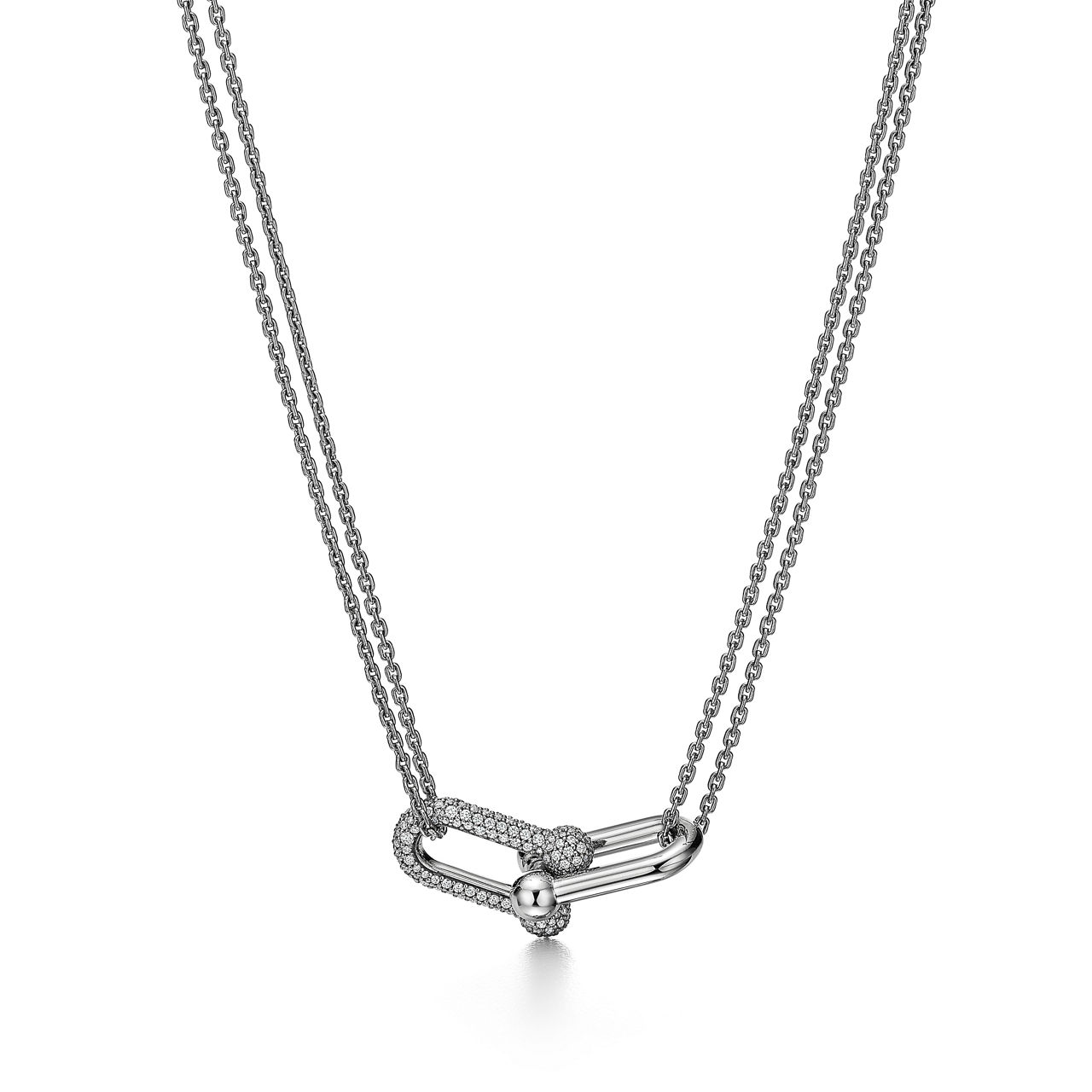 Large Double Link Pendant in White Gold with Pavé Diamonds