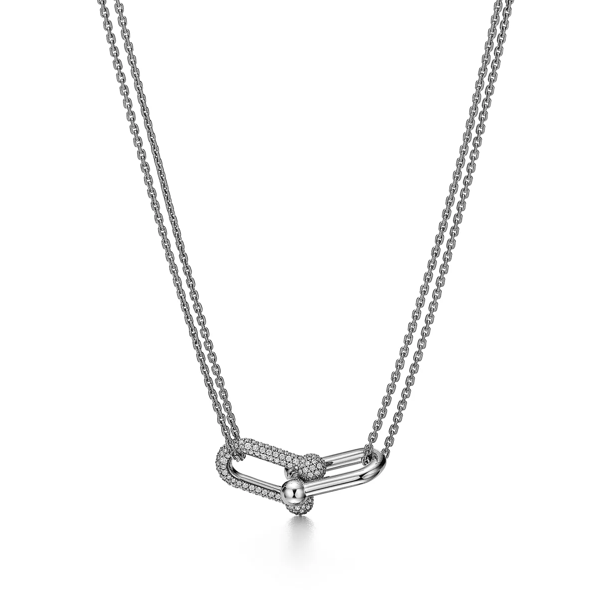 Large Double Link Pendant in White Gold with Pav&eacute; Diamonds