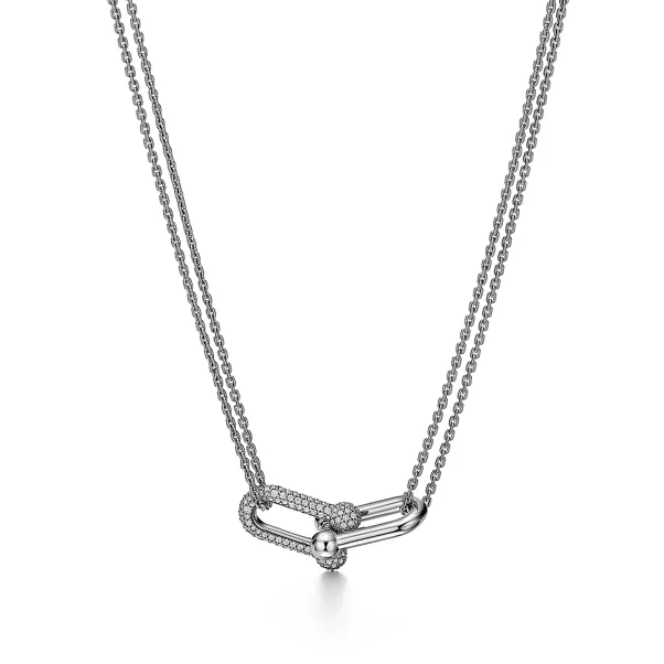 Large Double Link Pendant in White Gold with Pavé Diamonds