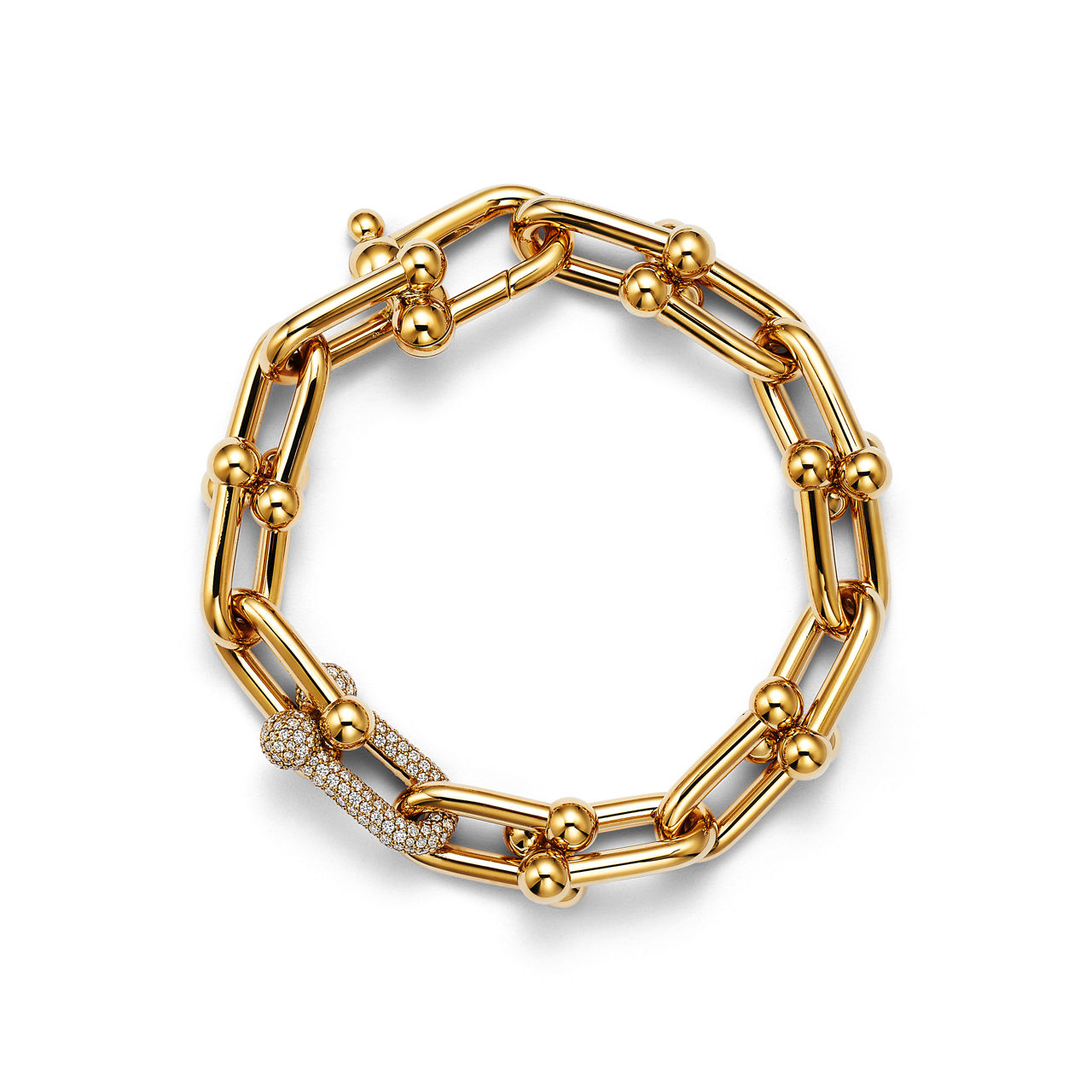 Gliederarmband, große Glieder in Gelbgold mit Diamanten
