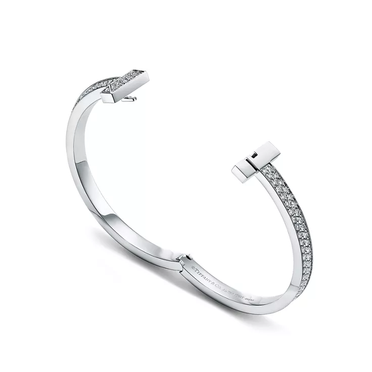 Tiffany T:T1 Wide Diamond Hinged Bangle in White Gold, 6