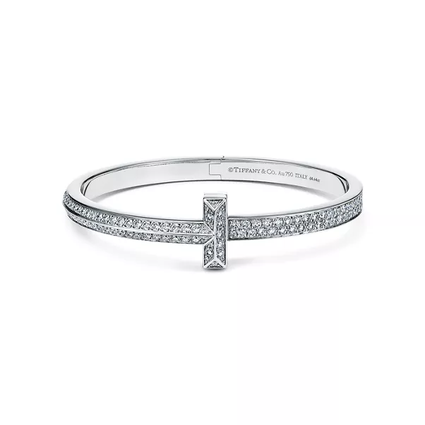T1 Wide Diamond Hinged Bangle in White Gold