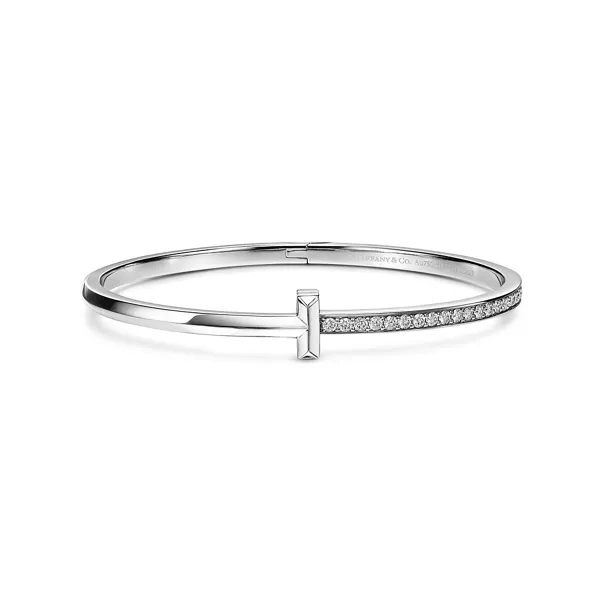 T1 Narrow Diamond Hinged Bangle in White Gold