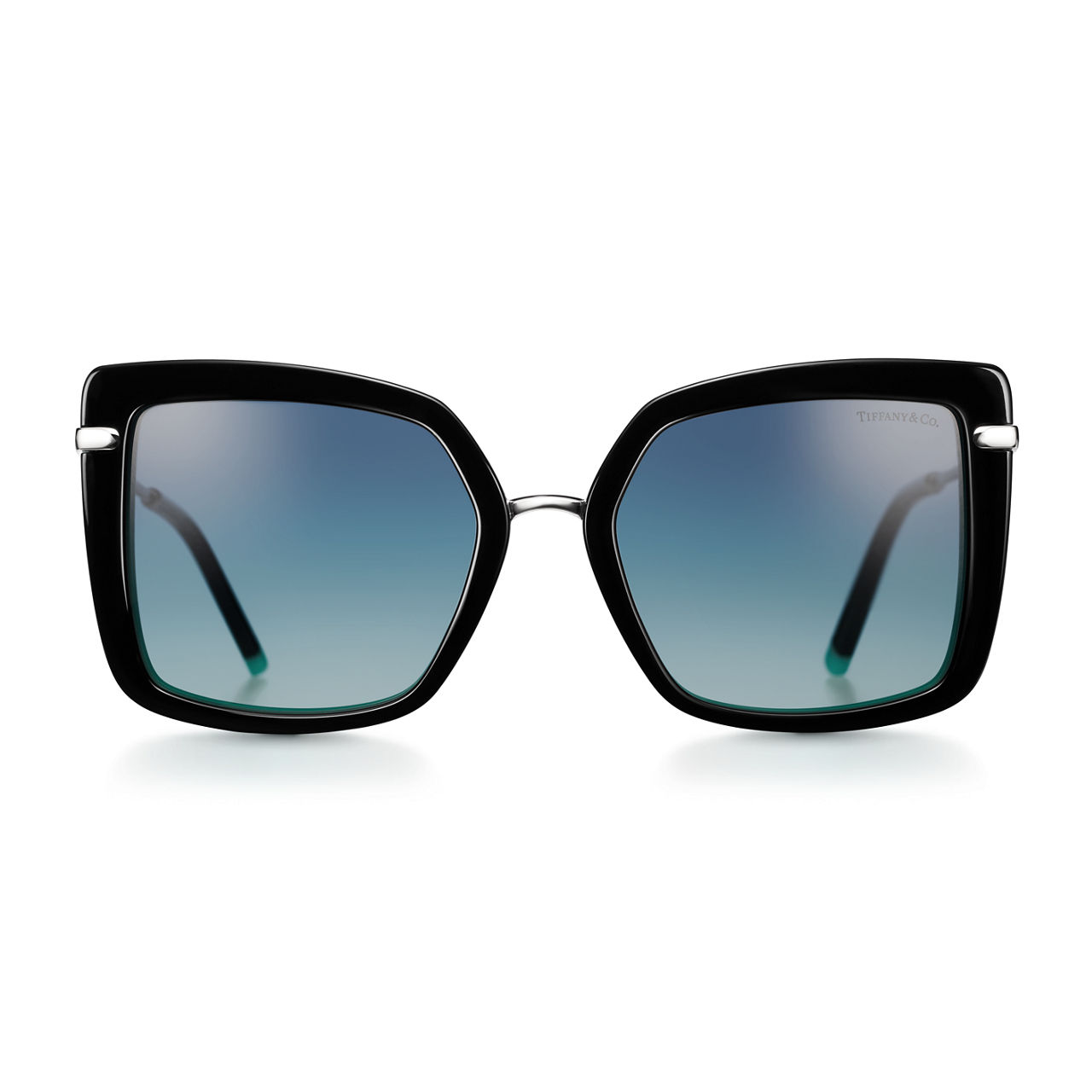 Quadratische Sonnenbrille aus schwarzem Acetat mit Gläsern mit Farbverlauf in Tiffany Blue®