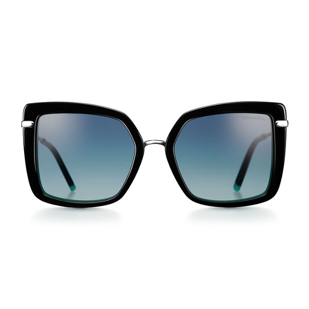 Tiffany T:Quadratische Sonnenbrille aus schwarzem Acetat mit Gläsern mit Farbverlauf in Tiffany Blue®