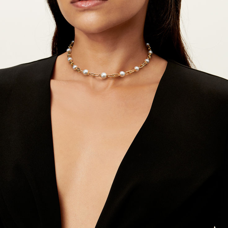 Tiffany HardWear:Graduated Link Necklace in Yellow Gold with Freshwater Pearls image number 1