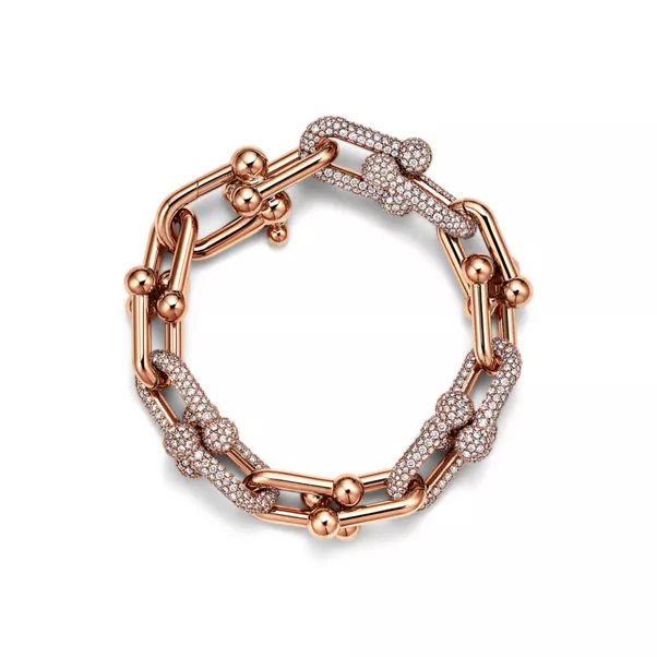 Gliederarmband, große Glieder in Roségold mit Pavé-Diamanten
