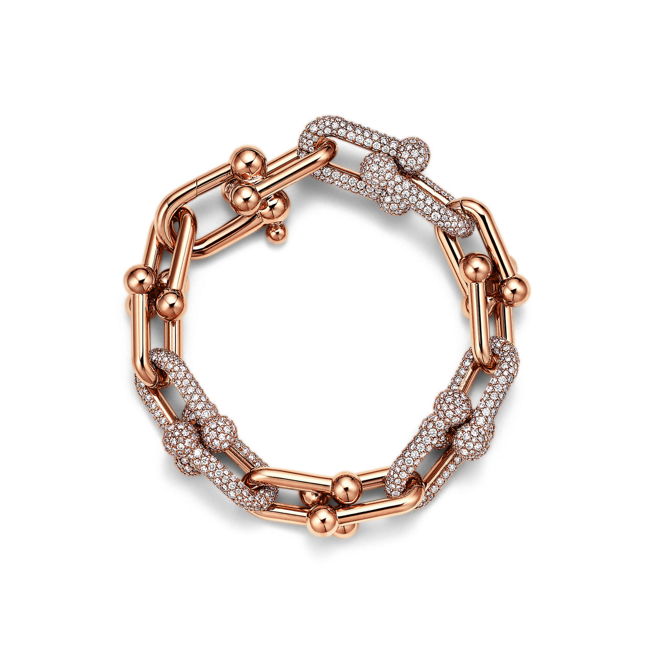 Gliederarmband, große Glieder in Roségold mit Pavé-Diamanten