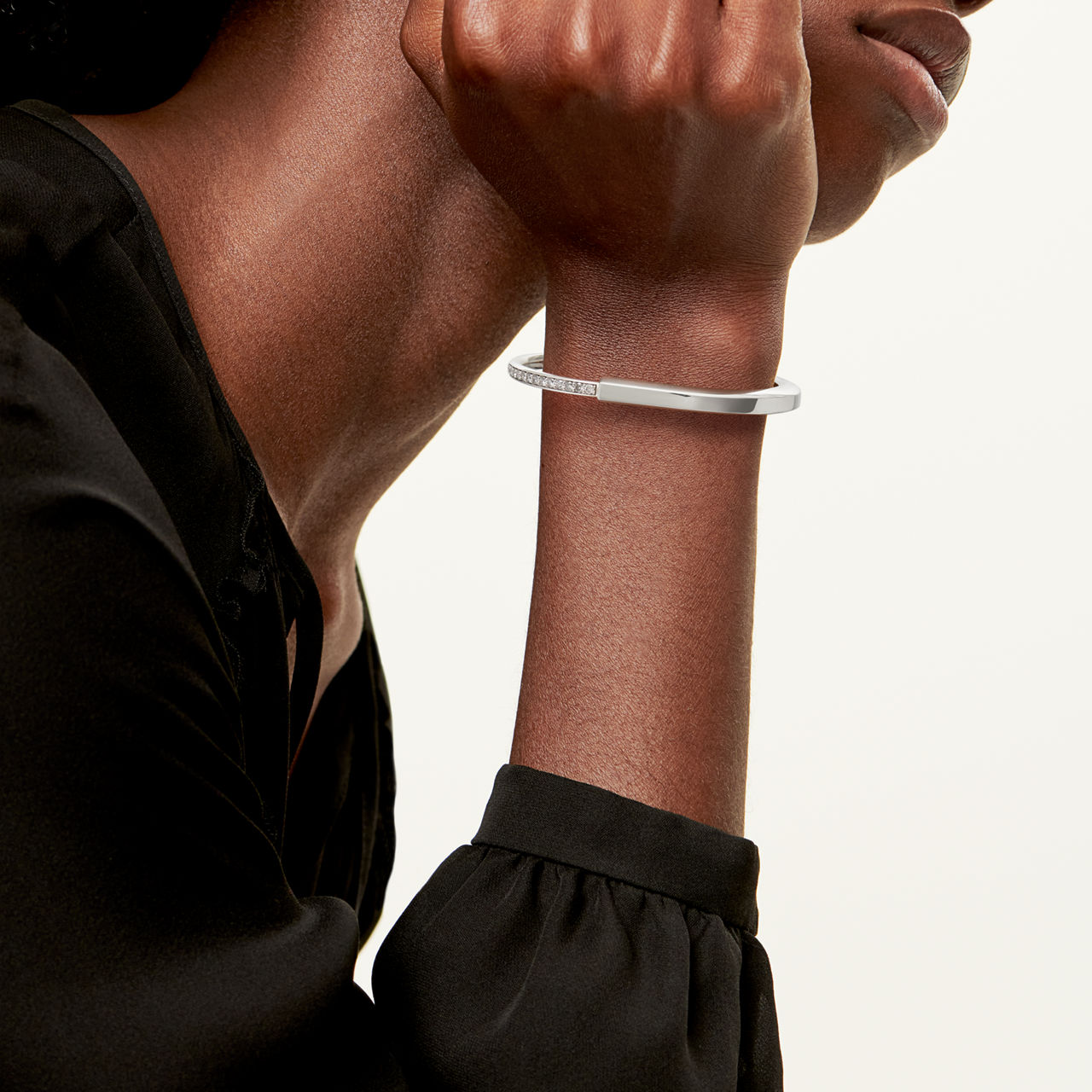 Bangle in White Gold with Half Pavé Diamonds