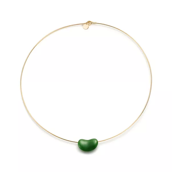 Bean Design Halsreif in Gelbgold mit grüner Jade, 20 mm