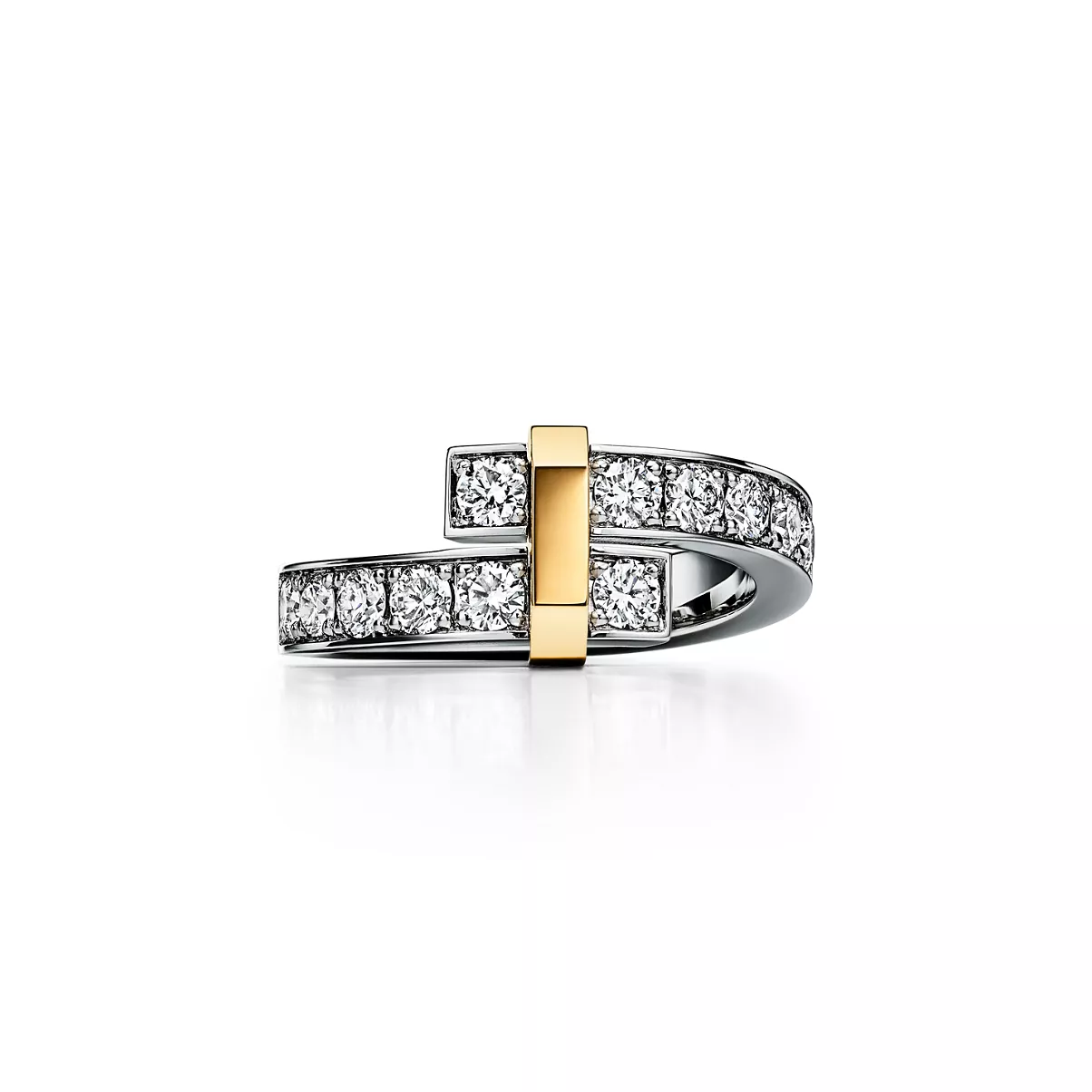 Bypass Ring in Platinum and Yellow Gold with Diamonds, Wide