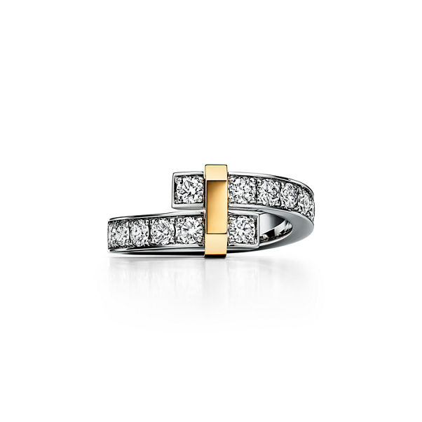 Tiffany Edge:Bypass Ring in Platinum and Yellow Gold with Diamonds, Wide