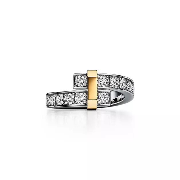 Tiffany Edge:Bypass Ring in Platinum and Yellow Gold with Diamonds, Wide image number 0