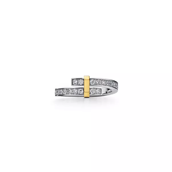 Anillo Bypass en platino y oro amarillo con diamantes, estrecho