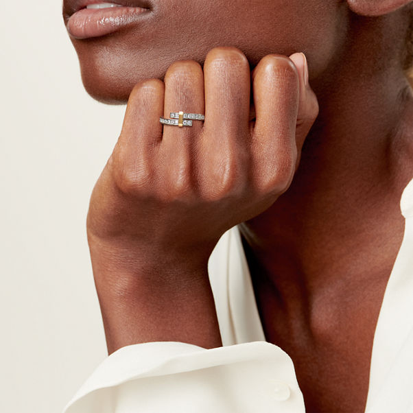 Tiffany Edge:Bypass Ring in Platinum and Yellow Gold with Diamonds, Narrow