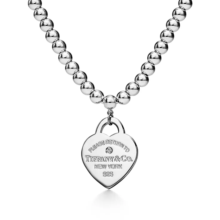 Return to Tiffany™:Collar de cuentas con insignia de corazón en plata con un diamante, tamaño pequeño, 4