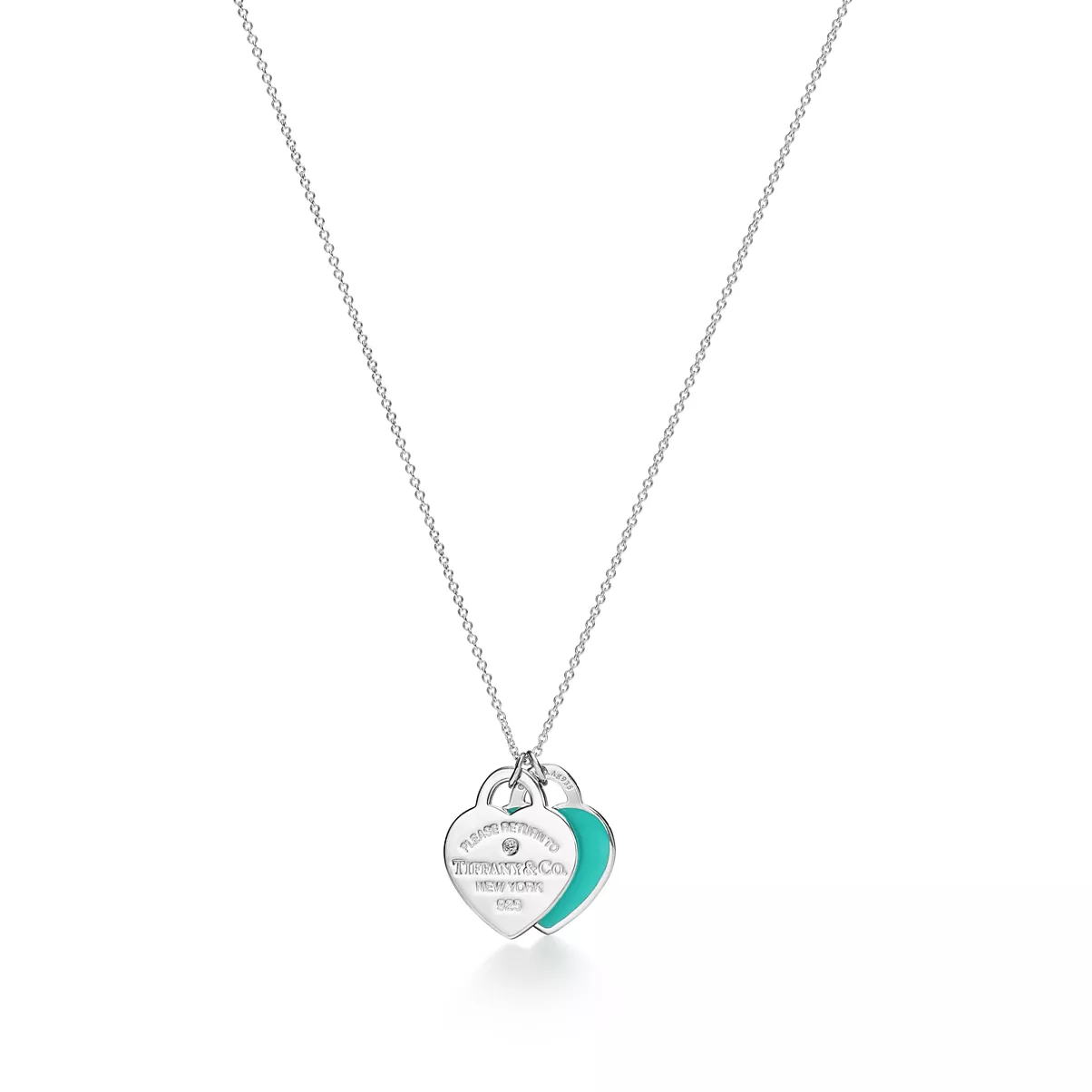 Blue Double Heart Tag Pendant in Silver with a Diamond, Small