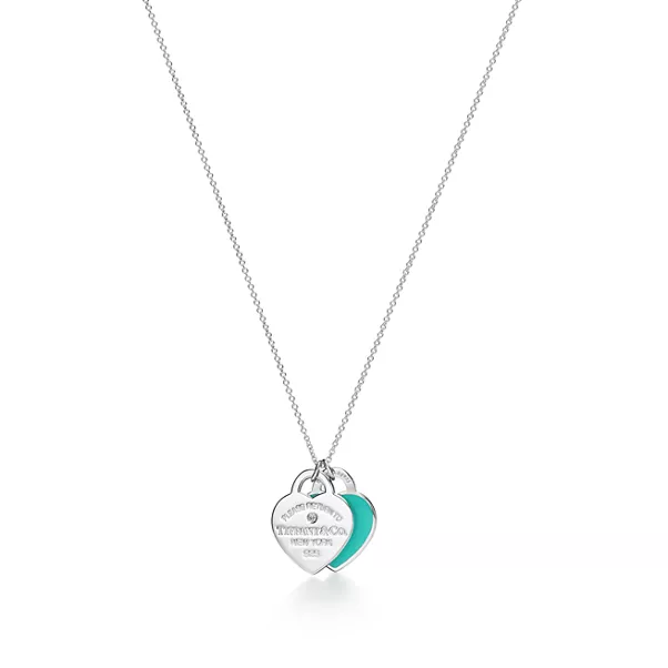 Blue Double Heart Tag Pendant in Silver with a Diamond, Small