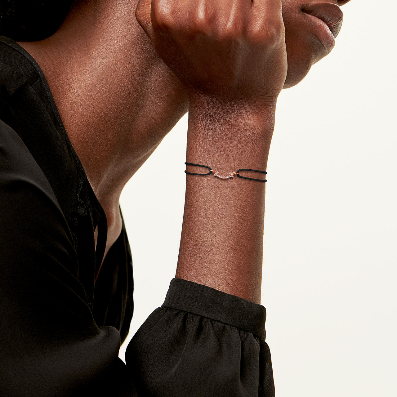 Smile Bracelet in Rose Gold on a Black Cord with Diamonds