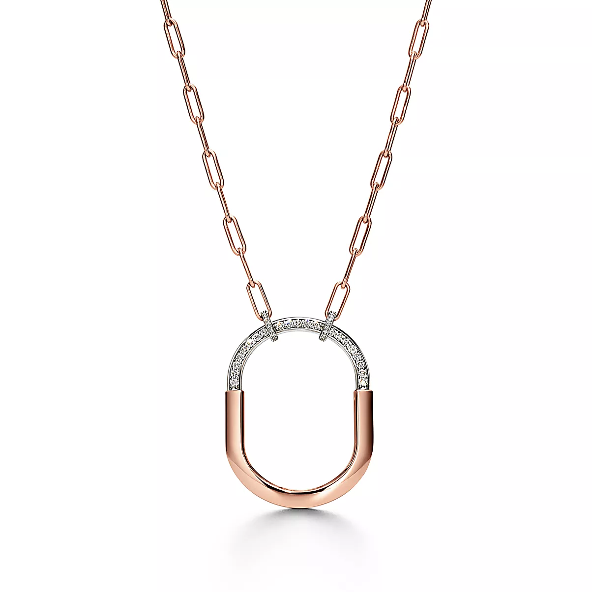 Tiffany Lock Pendant w/Chain 18K 로즈 골드 및 화이트 골드 다이아몬드 One Scale