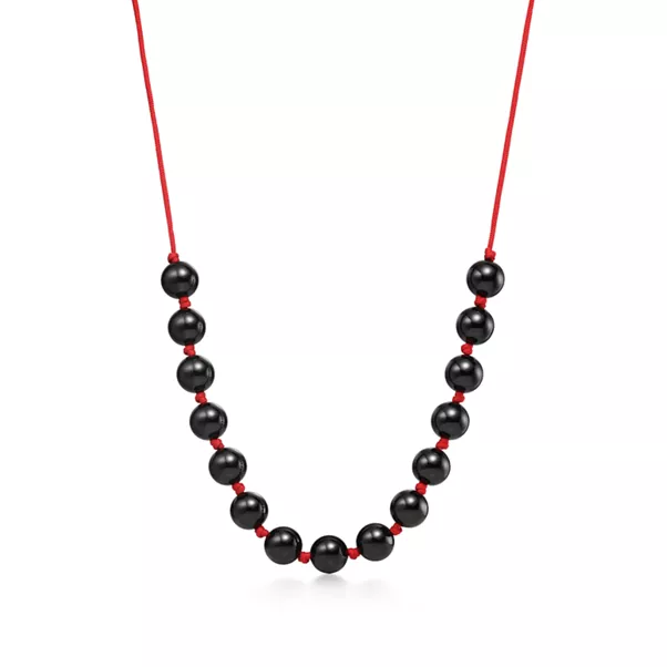 Sphere Necklace of Black Nephrite Jade with Red Silk