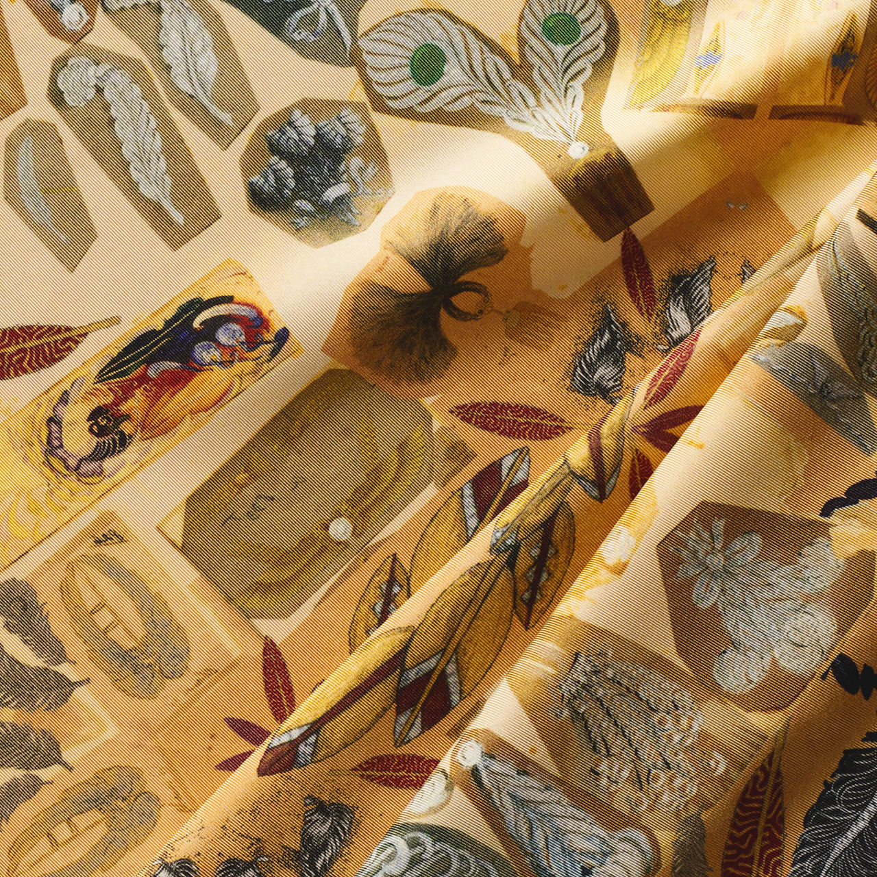 Feather Square Scarf in Camel Brown Silk