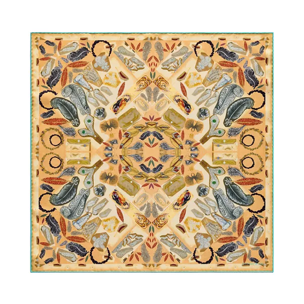 Feather Square Scarf in Camel Brown Silk