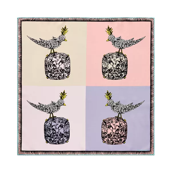Foulard carré Bird on a Rock en soie rose cristal