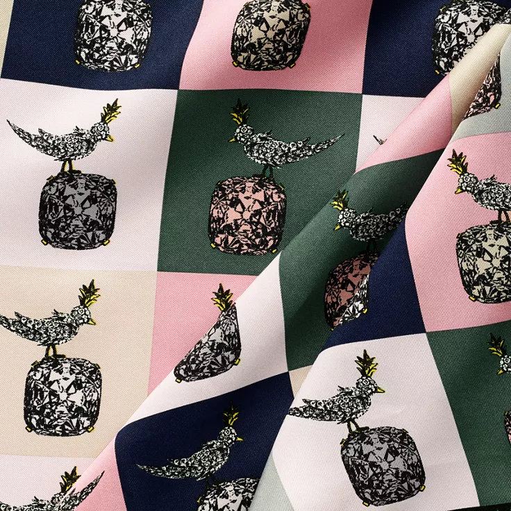 T&CO.®: Schlumberger®:Bird on a Rock Square Scarf in Crystal Pink Silk, 1