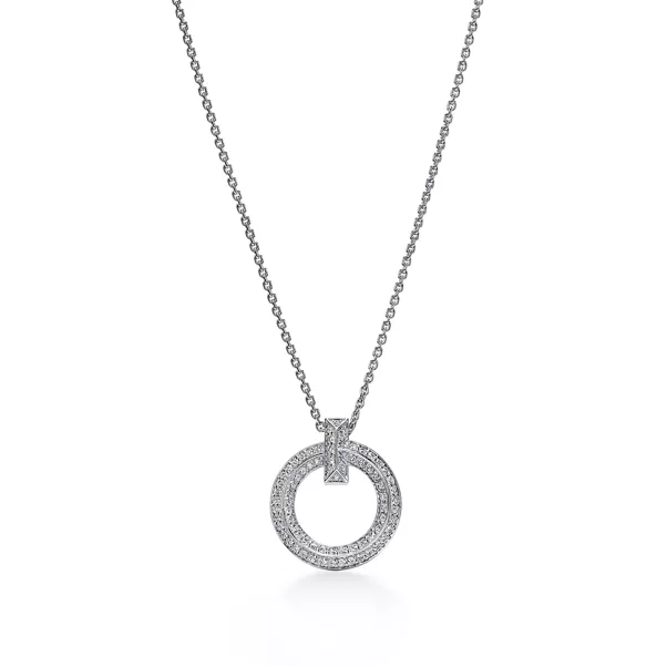 T1 Circle Pendant in White Gold with Pavé Diamonds
