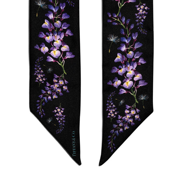 Tiffany Botanica:Schmaler Schal mit Wisterienmotiv aus Seide in Schwarz