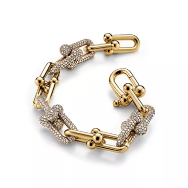 티파니 하드웨어:라지 링크 브레이슬릿, 옐로우 골드, 파베 다이아몬드 세팅, 3