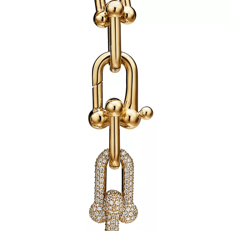 티파니 하드웨어:라지 링크 브레이슬릿, 옐로우 골드, 파베 다이아몬드 세팅, 4