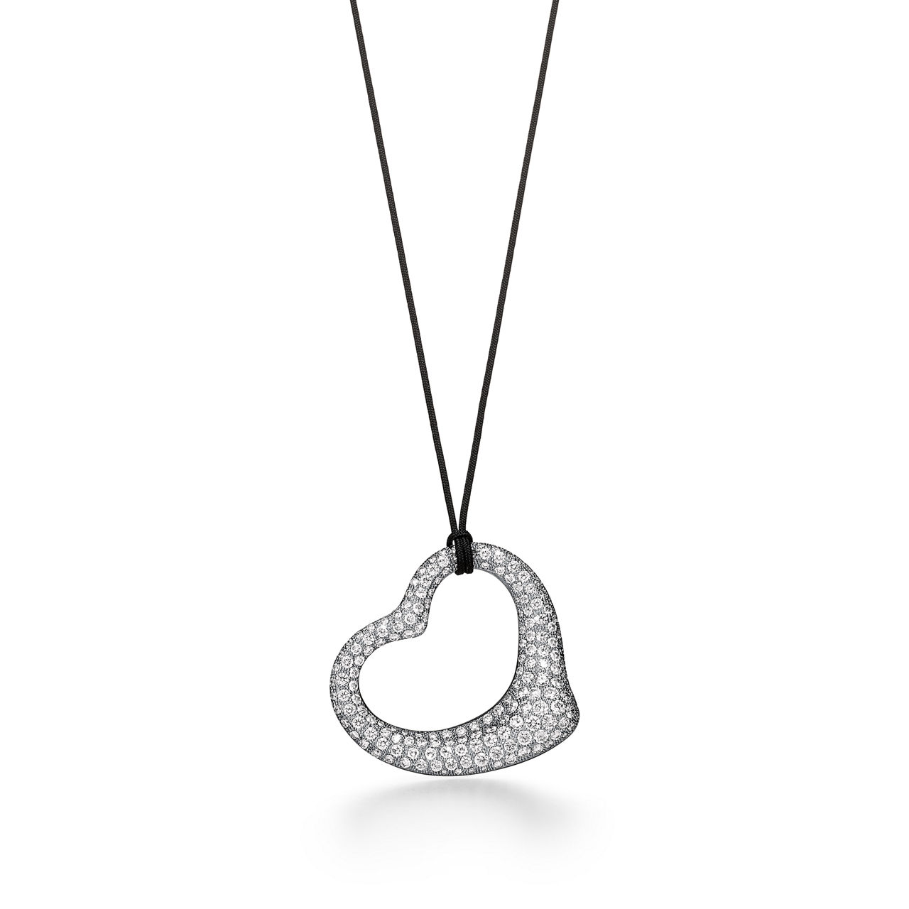 Elsa Peretti®:Open Heart Pendant in Platinum with Pavé Diamonds and Black Silk image number 0