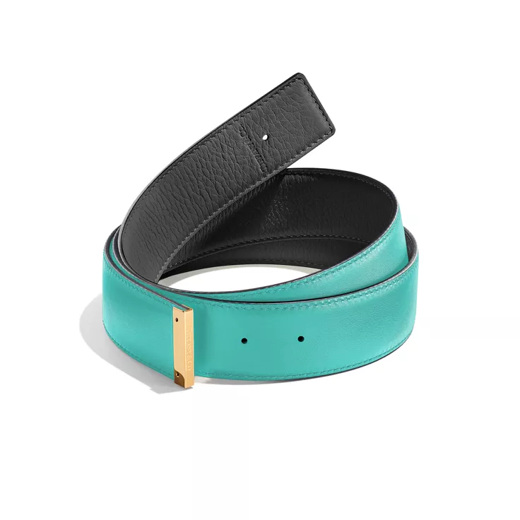 T&CO.®:Reversible Belt Strap in Tiffany Blue® and Black Leather, 35 mm Wide, 1