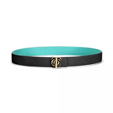 T&CO.®:Reversible Belt Strap in Tiffany Blue® and Black Leather, 35 mm Wide, 2
