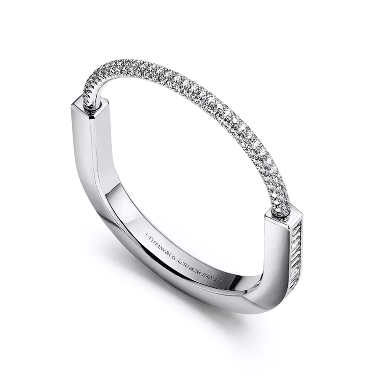 Tiffany Lock:Bangle in White Gold with Baguette and Pavé Diamonds, 5