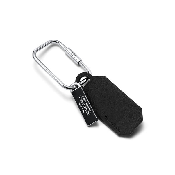 Return to Tiffany™:Rectangle Tag Carabiner in Black Leather and Enamel