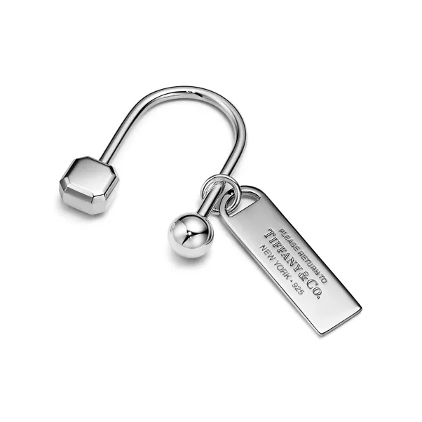 Rectangular Tag Screwball Key Ring in Sterling Silver