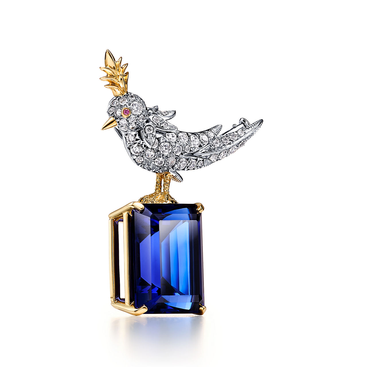 Bird on a Rock Brooch in Yellow Gold and Platinum