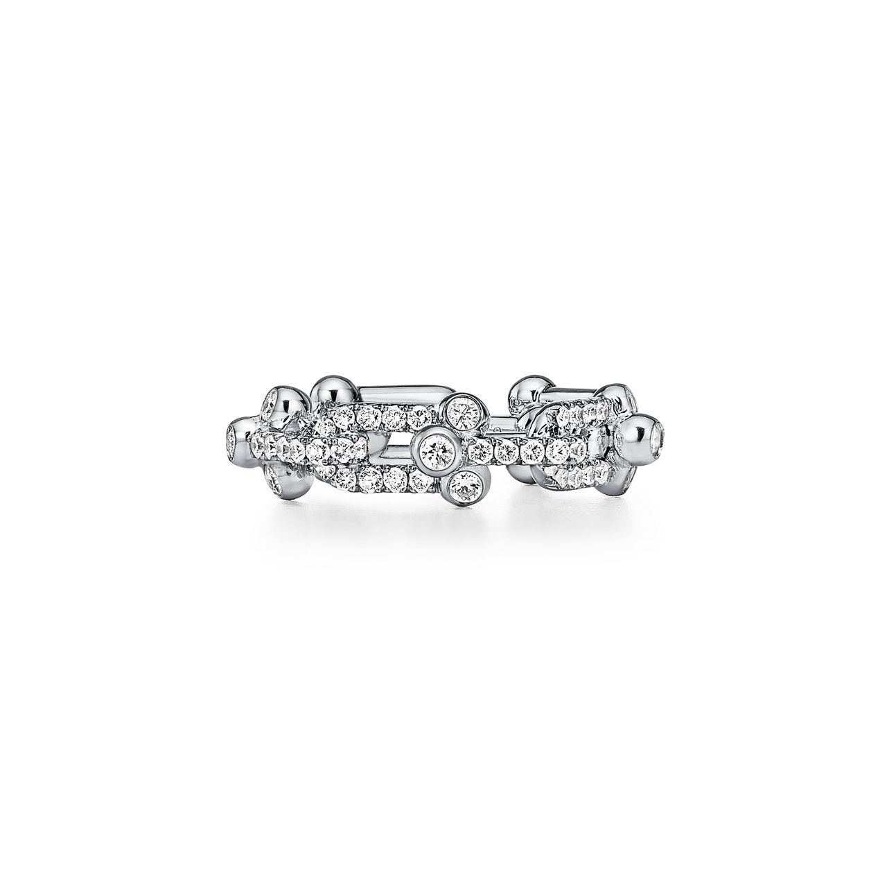 Anillo de eslabones pequeños de oro blanco con diamantes en pavé
