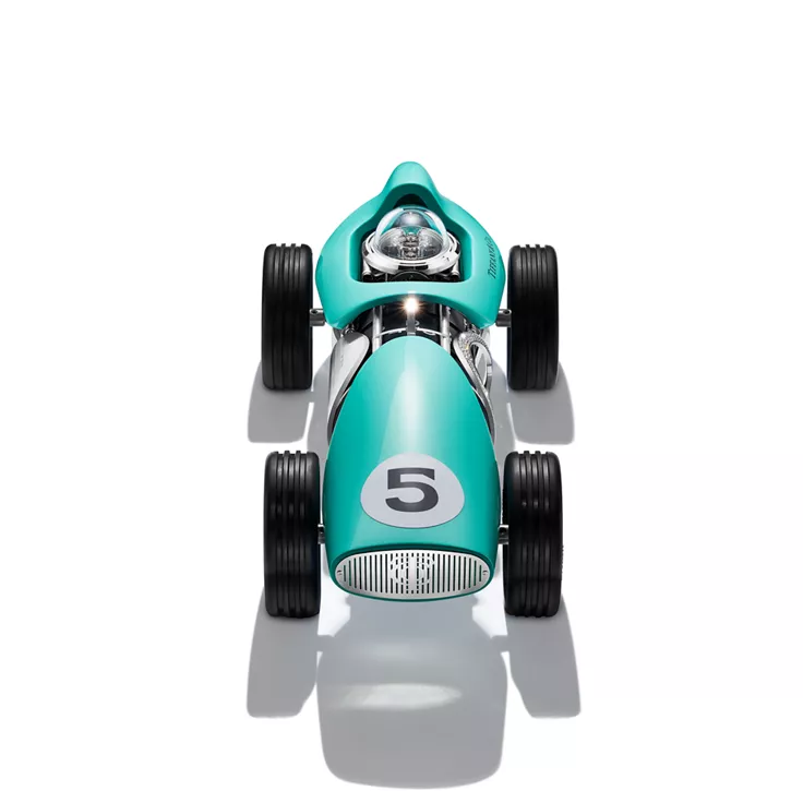 Time for Speed:Race Car Clock in Aluminum with Tiffany Blue® and Pavé Diamonds, 1